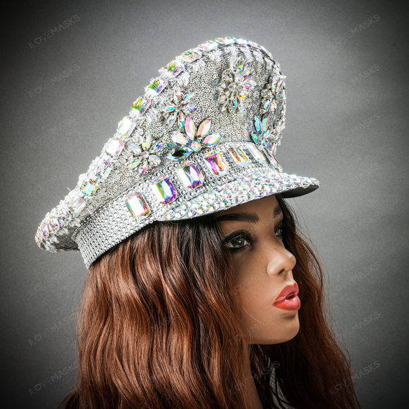 Steampunk Burning Man Rhinestones Captain Hat - Silver - Picture 4 of 8